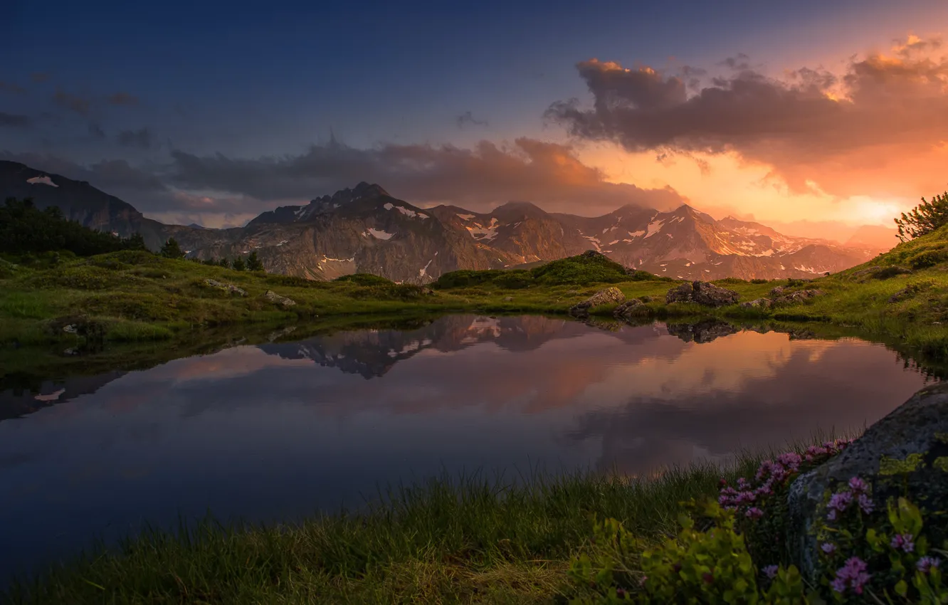 Photo wallpaper the sky, sunset, mountains, lake, reflection, Friedrich Beren