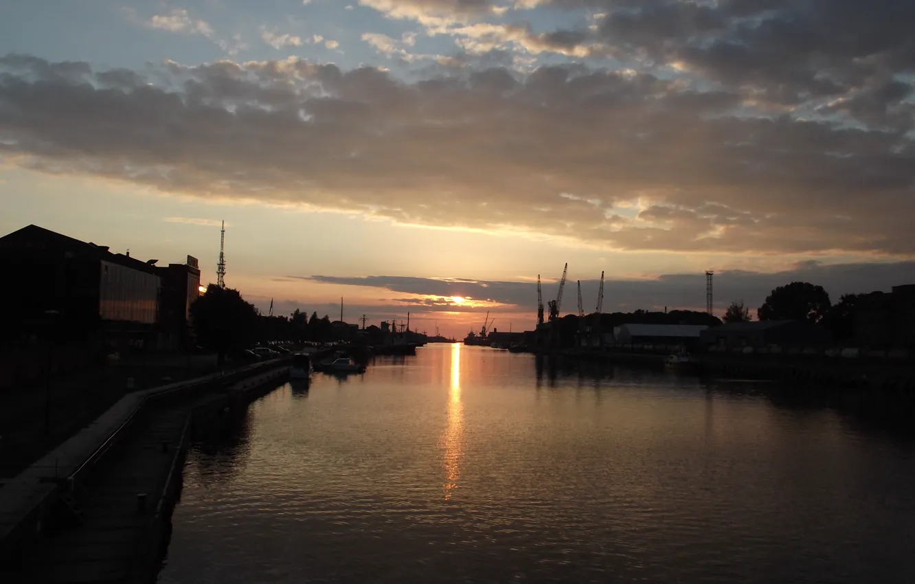 Photo wallpaper water, landscape, sunset, city, the city, the evening, port, sunset