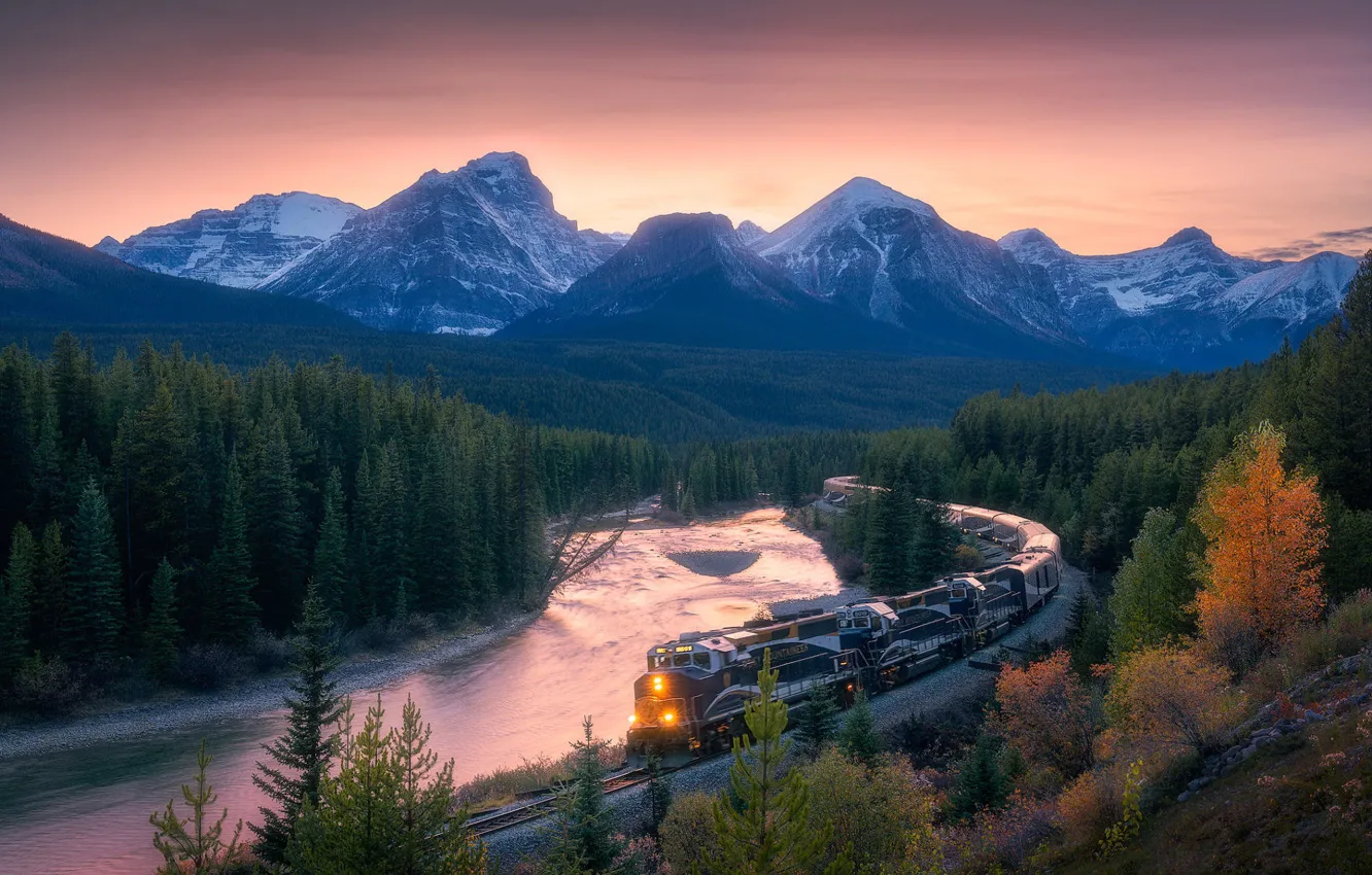 Photo wallpaper autumn, forest, the sky, light, snow, trees, sunset, mountains