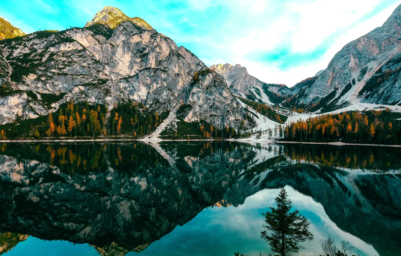 Photo wallpaper autumn, forest, mountains, reflection, pond