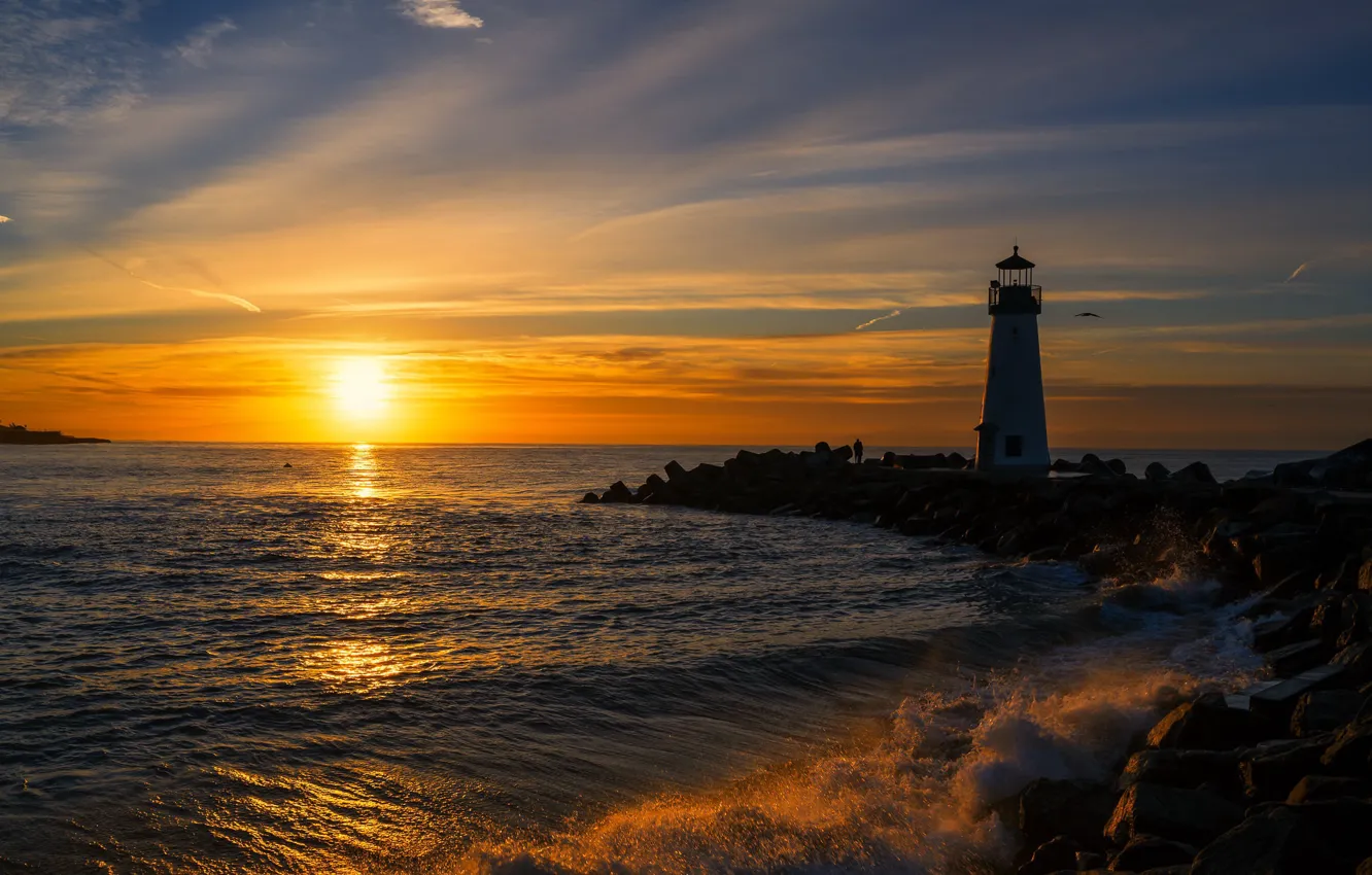 Wallpaper High Waves, Walton Lighthouse, sunrise for mobile and desktop ...