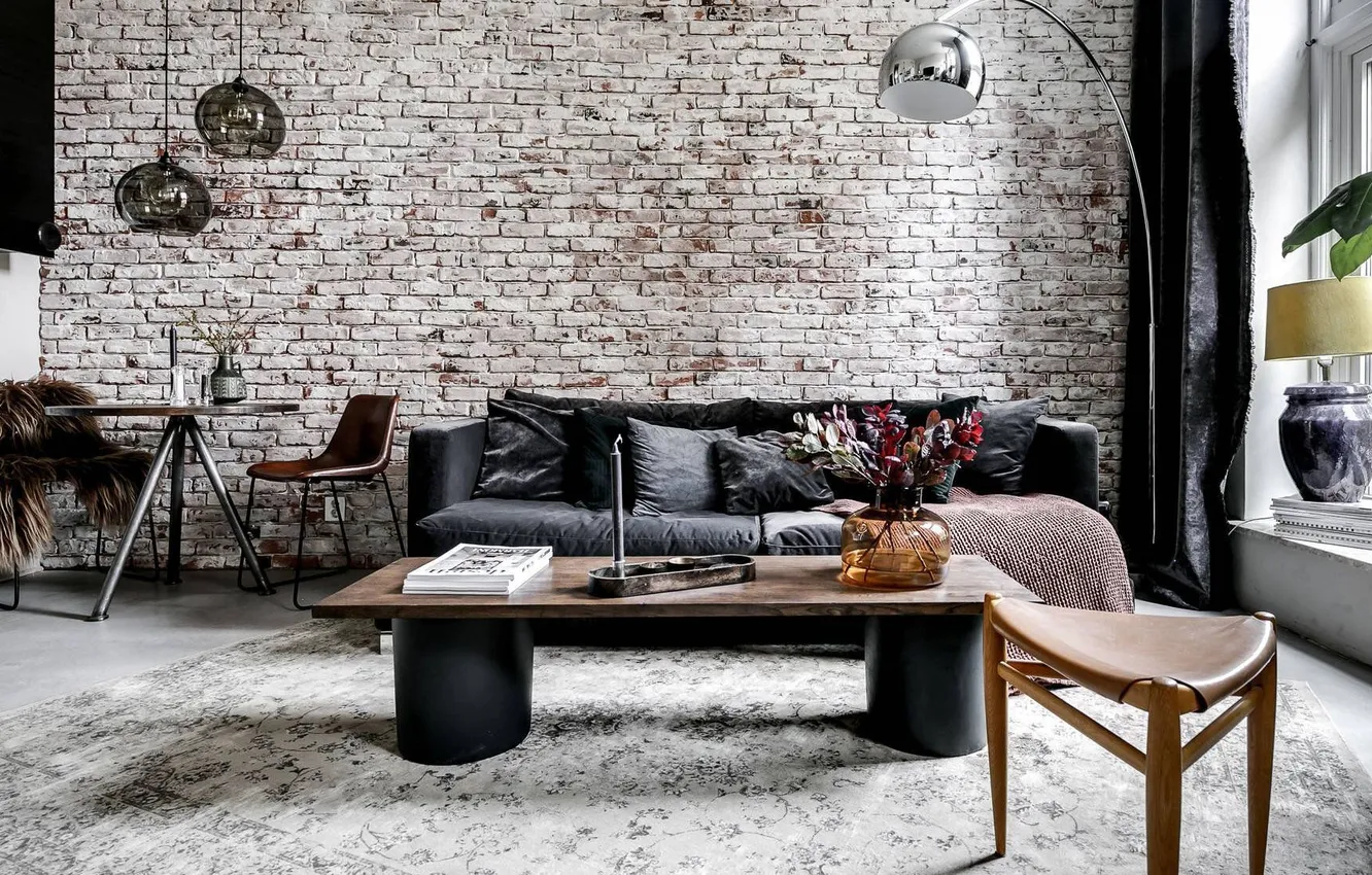 Photo wallpaper design, lamp, interior, sofa, living room, dining room, loft, industrial style