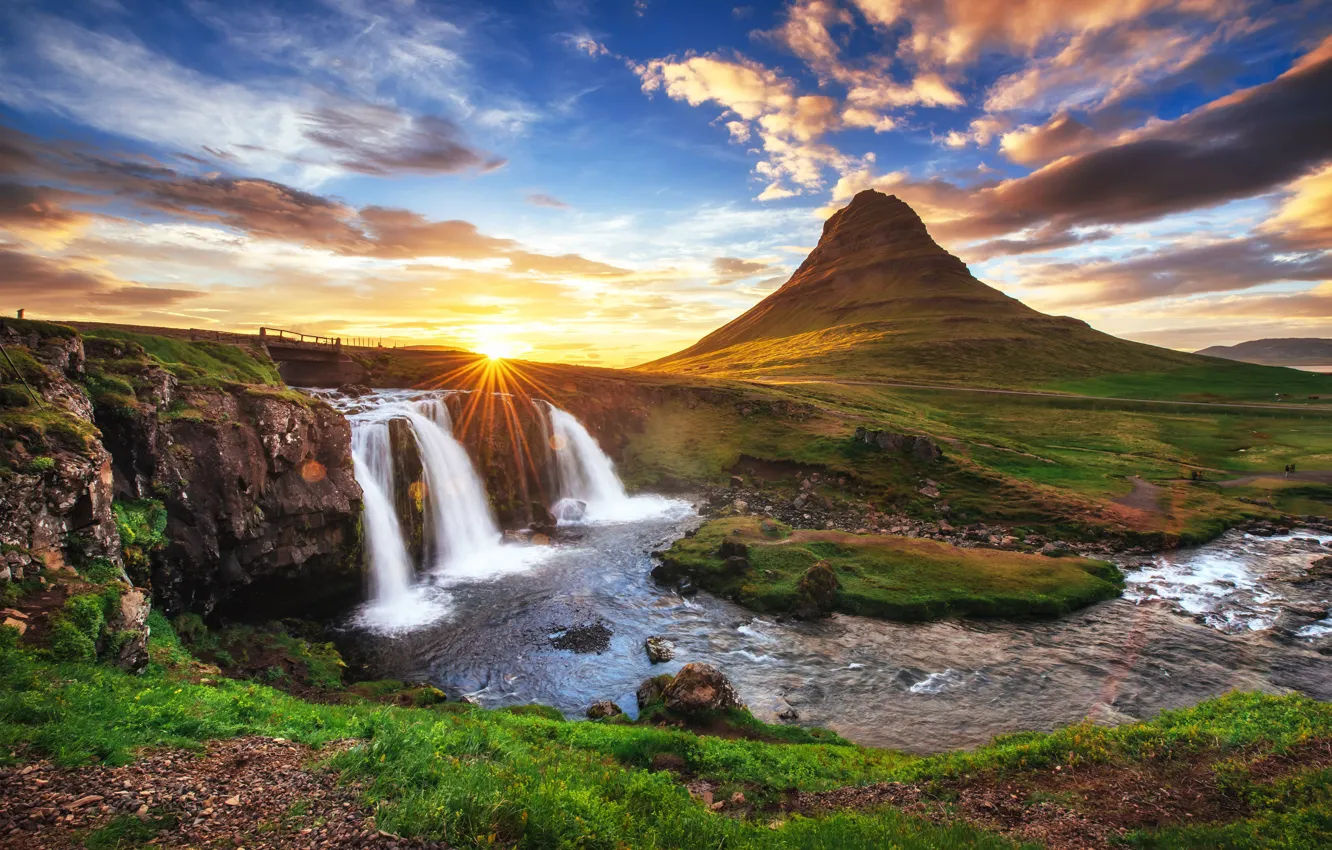 Photo wallpaper the sun, clouds, sunset, mountains, river, shore, waterfall, Iceland