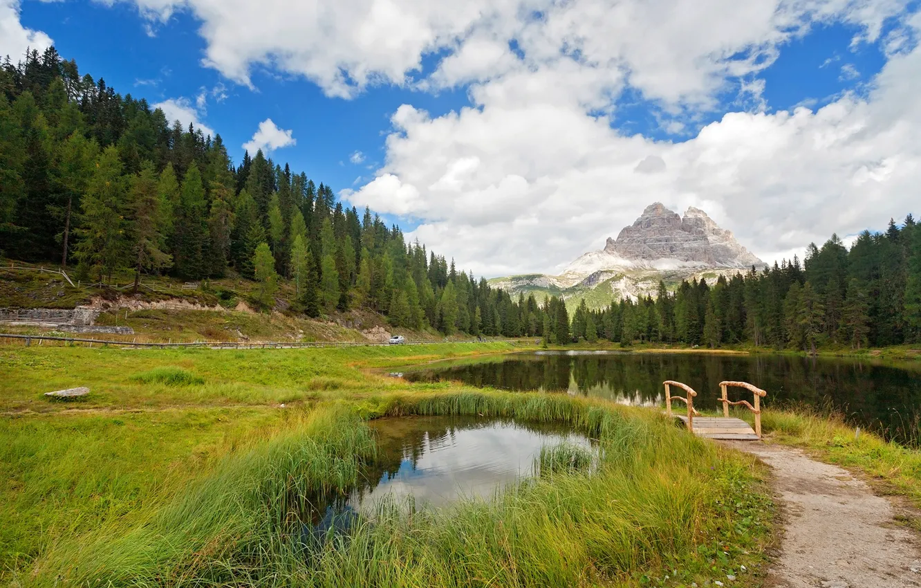 Photo wallpaper forest, grass, clouds, trees, mountains, lake, pond, Italy