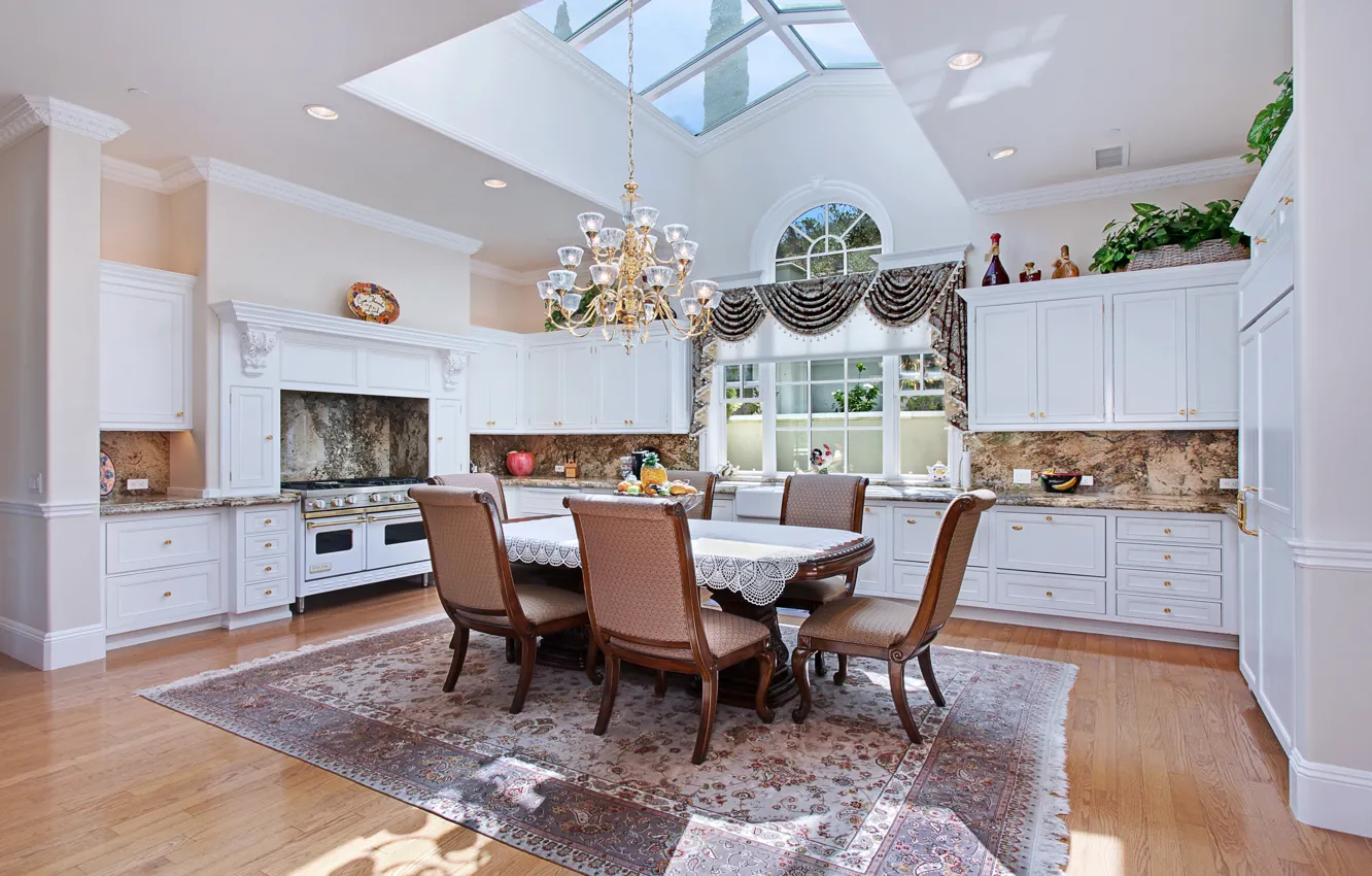 Photo wallpaper white, table, furniture, interior, kitchen, chandelier, headsets