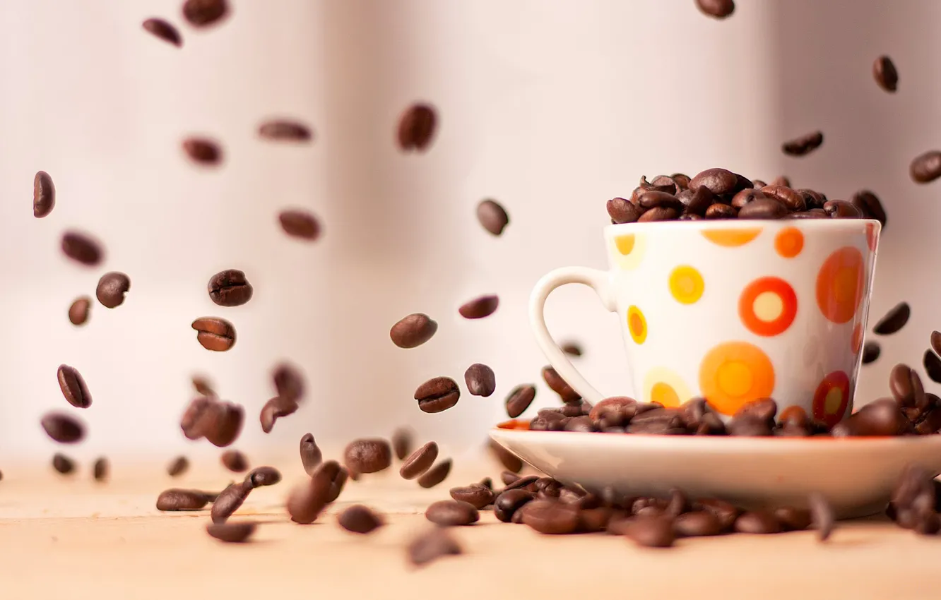 Photo wallpaper macro, coffee, grain, Cup, saucer