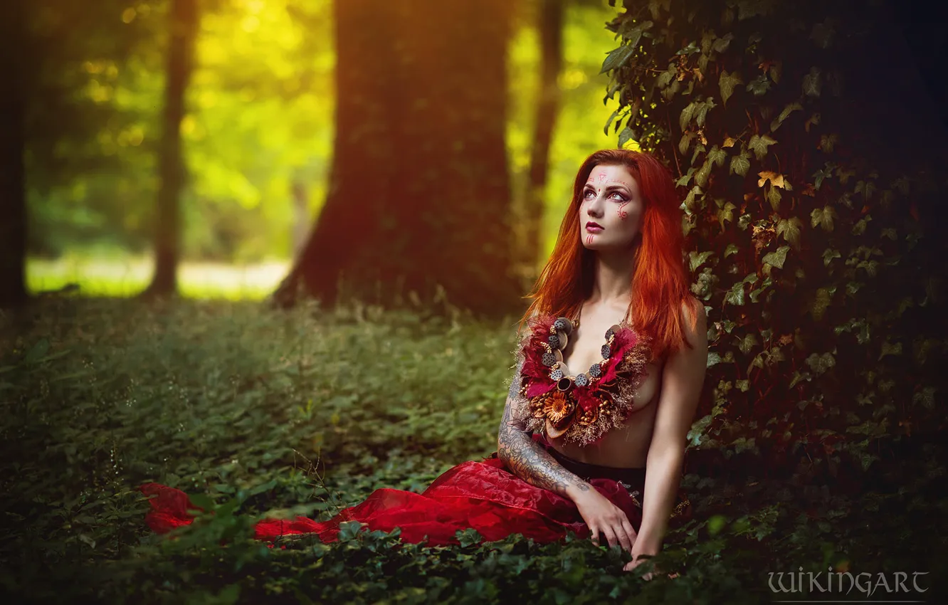 Photo wallpaper forest, chest, look, girl, flowers, nature, style, Park