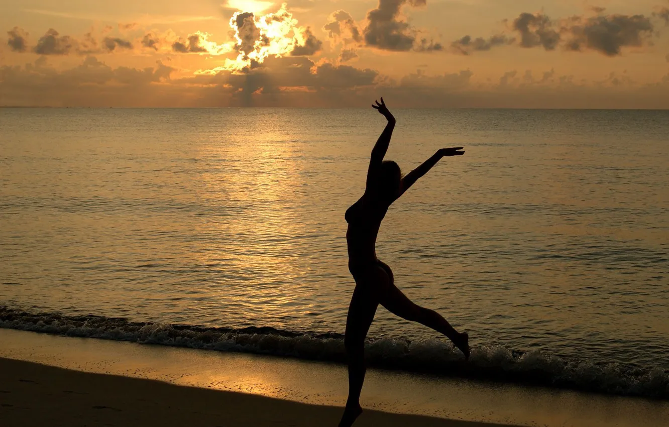 Photo wallpaper sea, clouds, sunset, silhouette