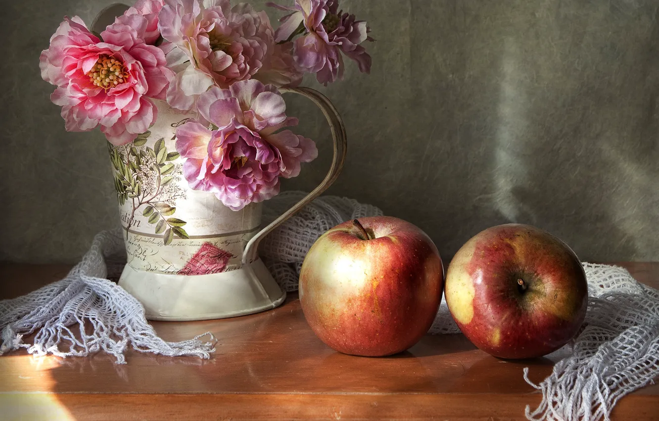 Photo wallpaper light, flowers, table, apples, bouquet, red, fabric, pink