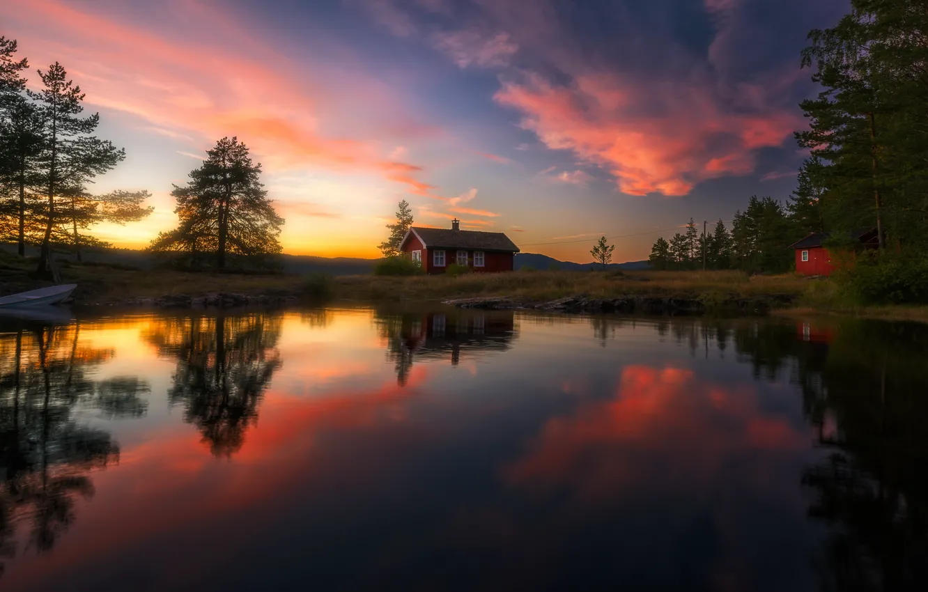 Photo wallpaper clouds, trees, landscape, sunset, nature, lake, reflection, home