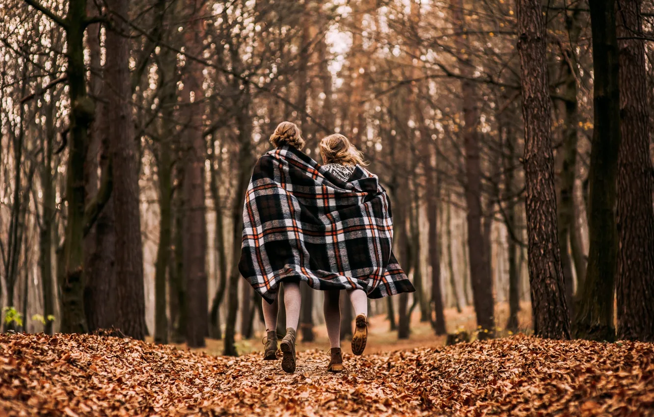 Photo wallpaper autumn, forest, girls, plaid, cold
