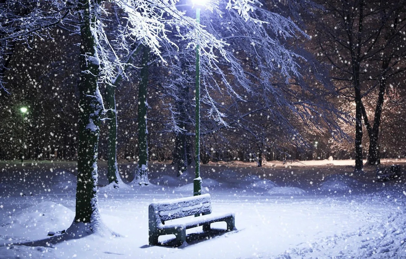 Photo wallpaper winter, bench, nature, the snow, it's snowing