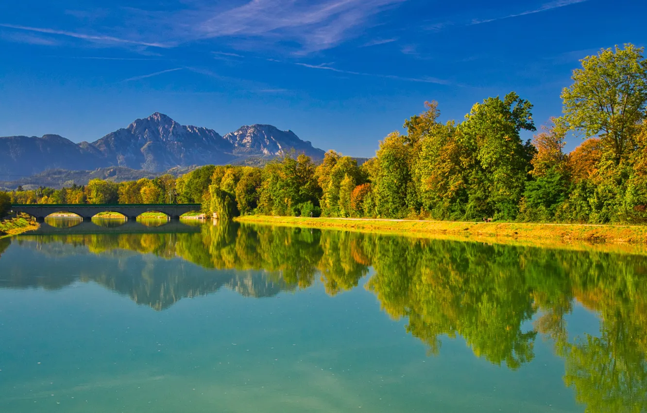 Photo wallpaper autumn, trees, mountains, bridge, reflection, river, Germany, Bayern