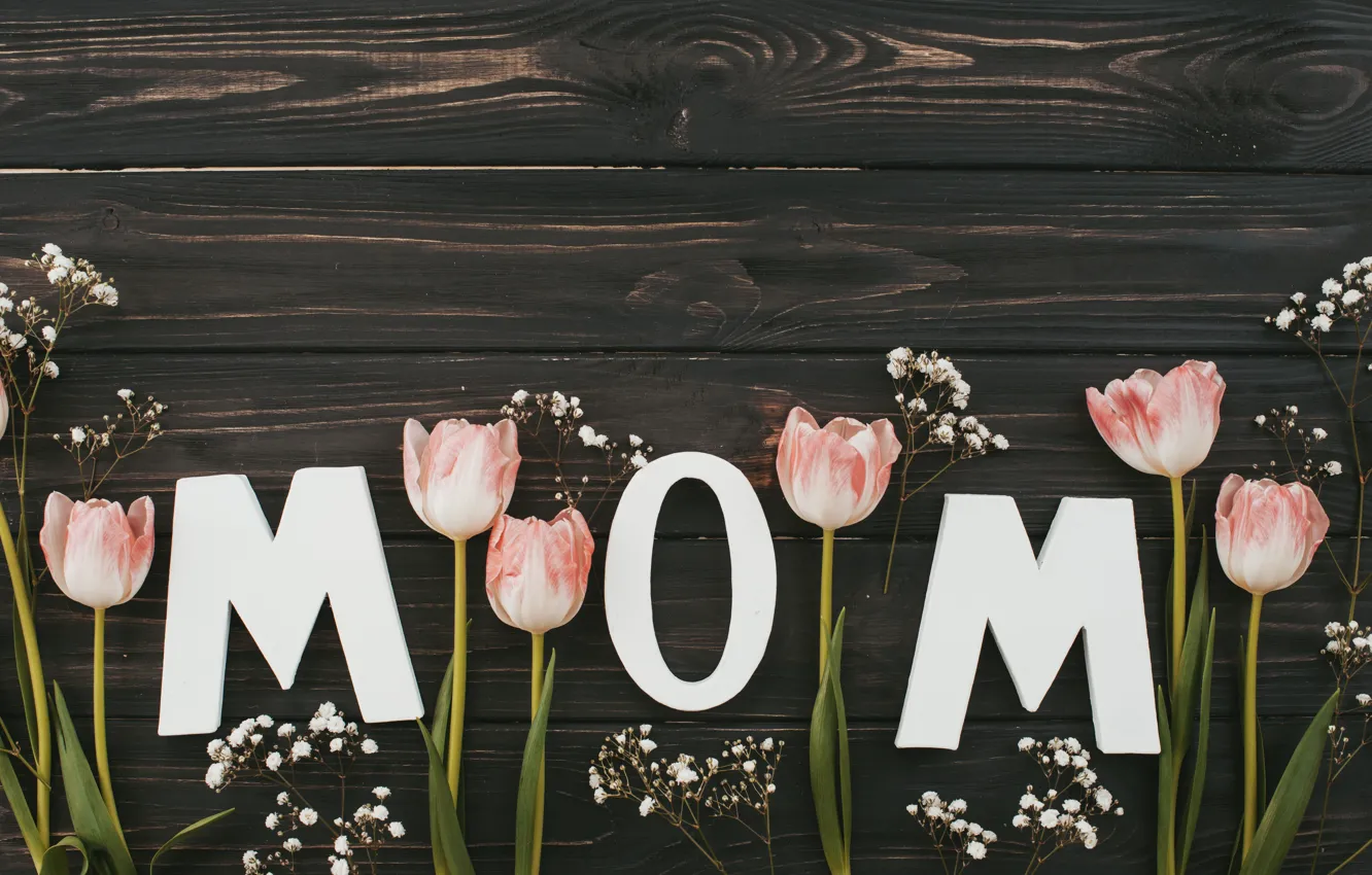 Photo wallpaper flowers, bouquet, tulips, pink, happy, wood, pink, flowers