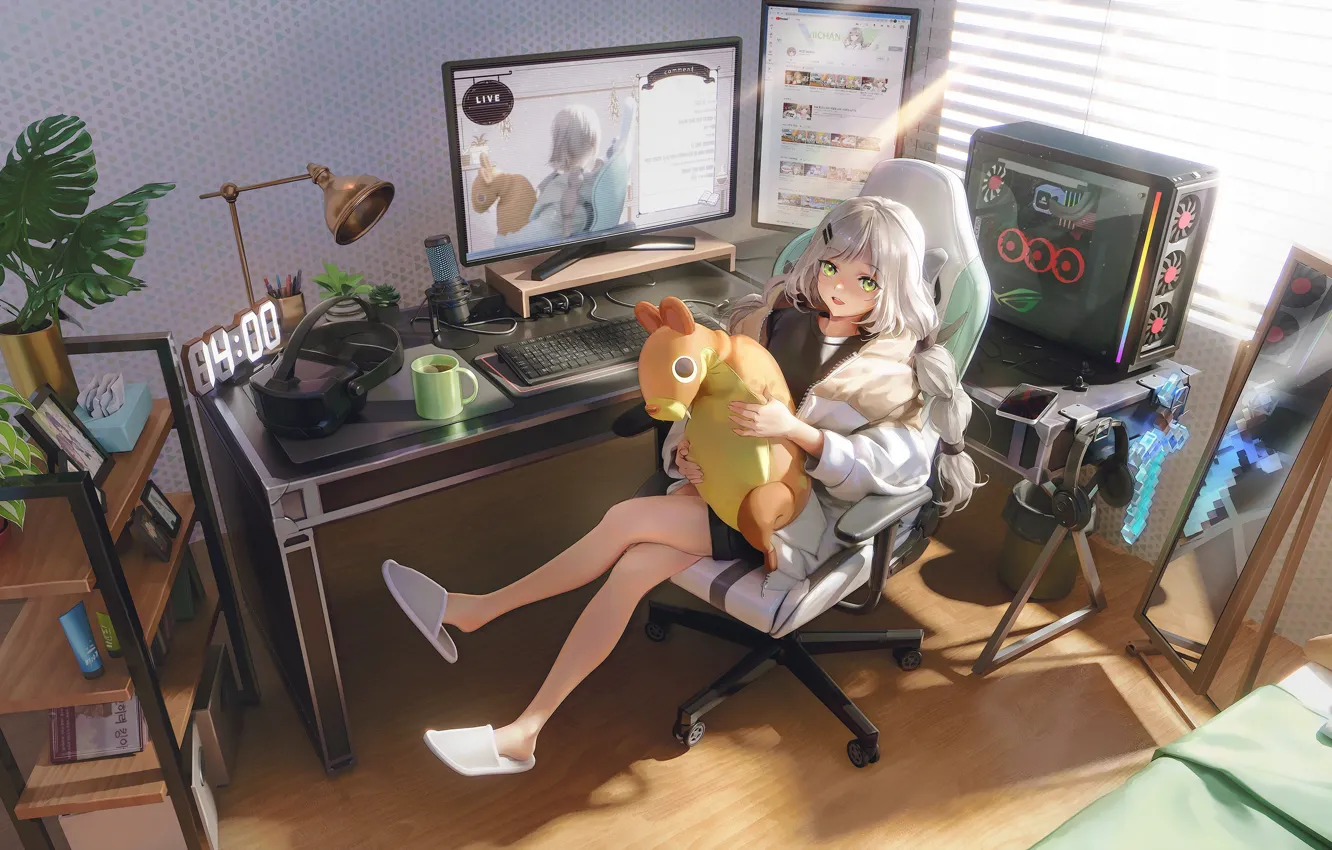 Photo wallpaper girl, flowers, toy, comp, mug, Viichan