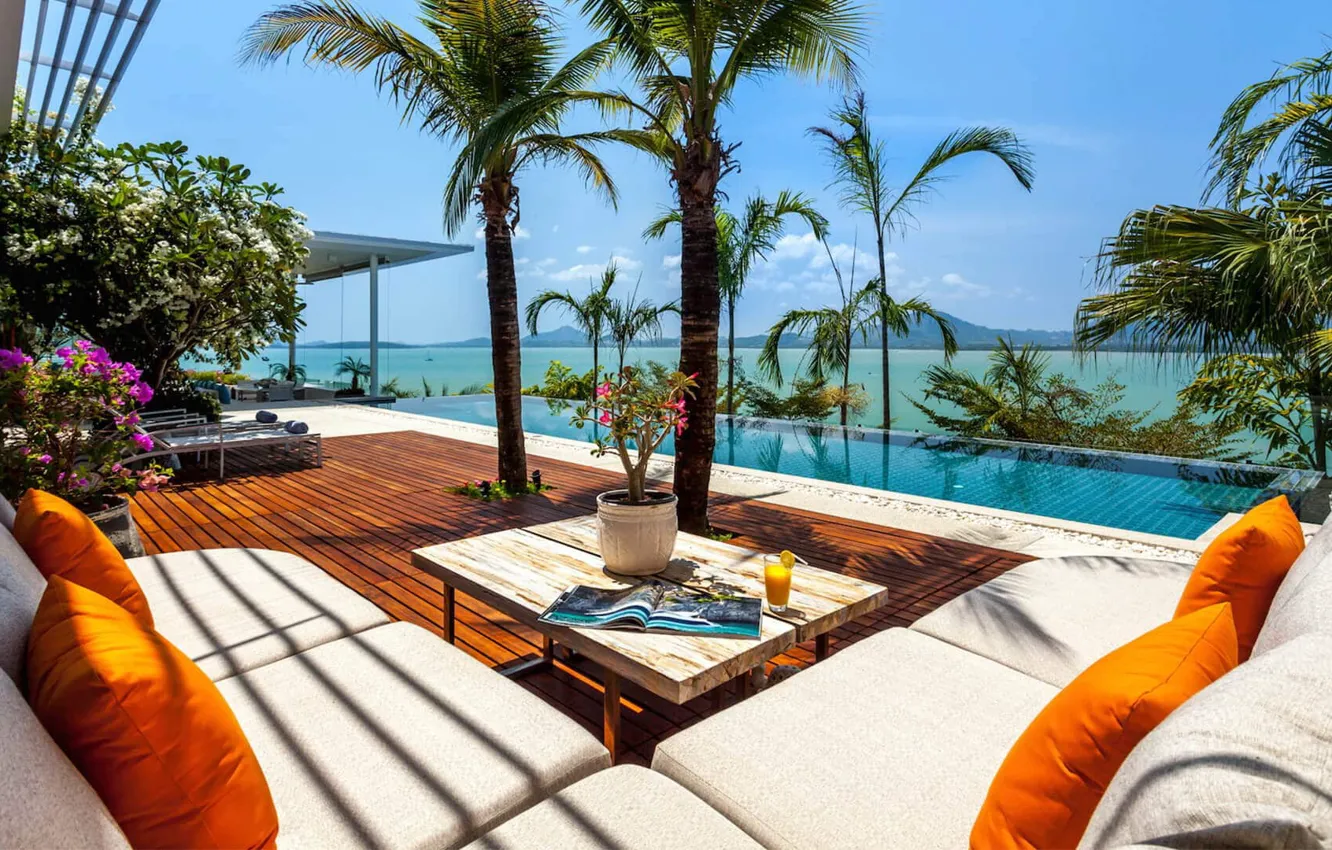 Photo wallpaper palm trees, Villa, pool, Thailand, Phuket, resort, Lounge Area, Villa Happiness