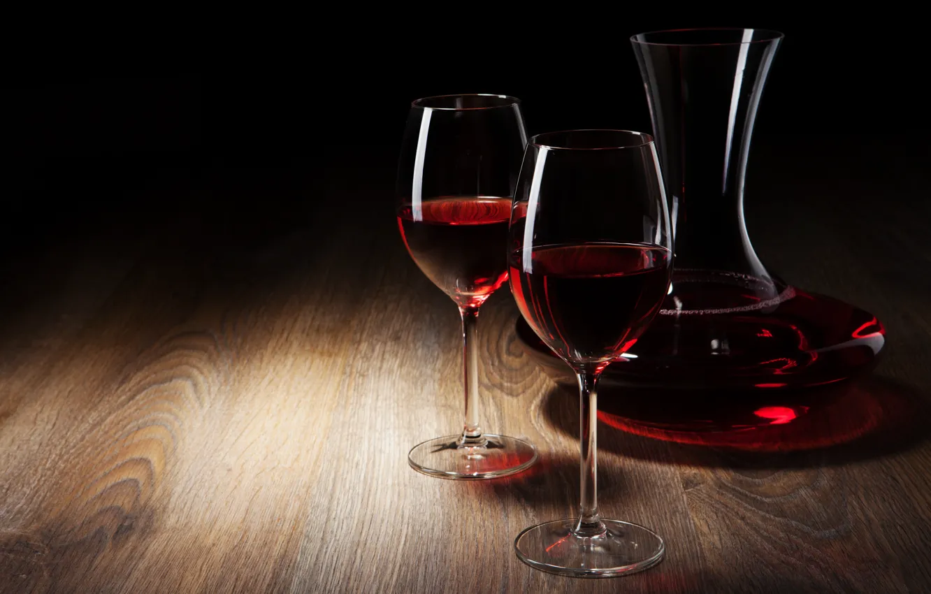 Photo wallpaper glass, table, wine, red, glasses, black background, decanter