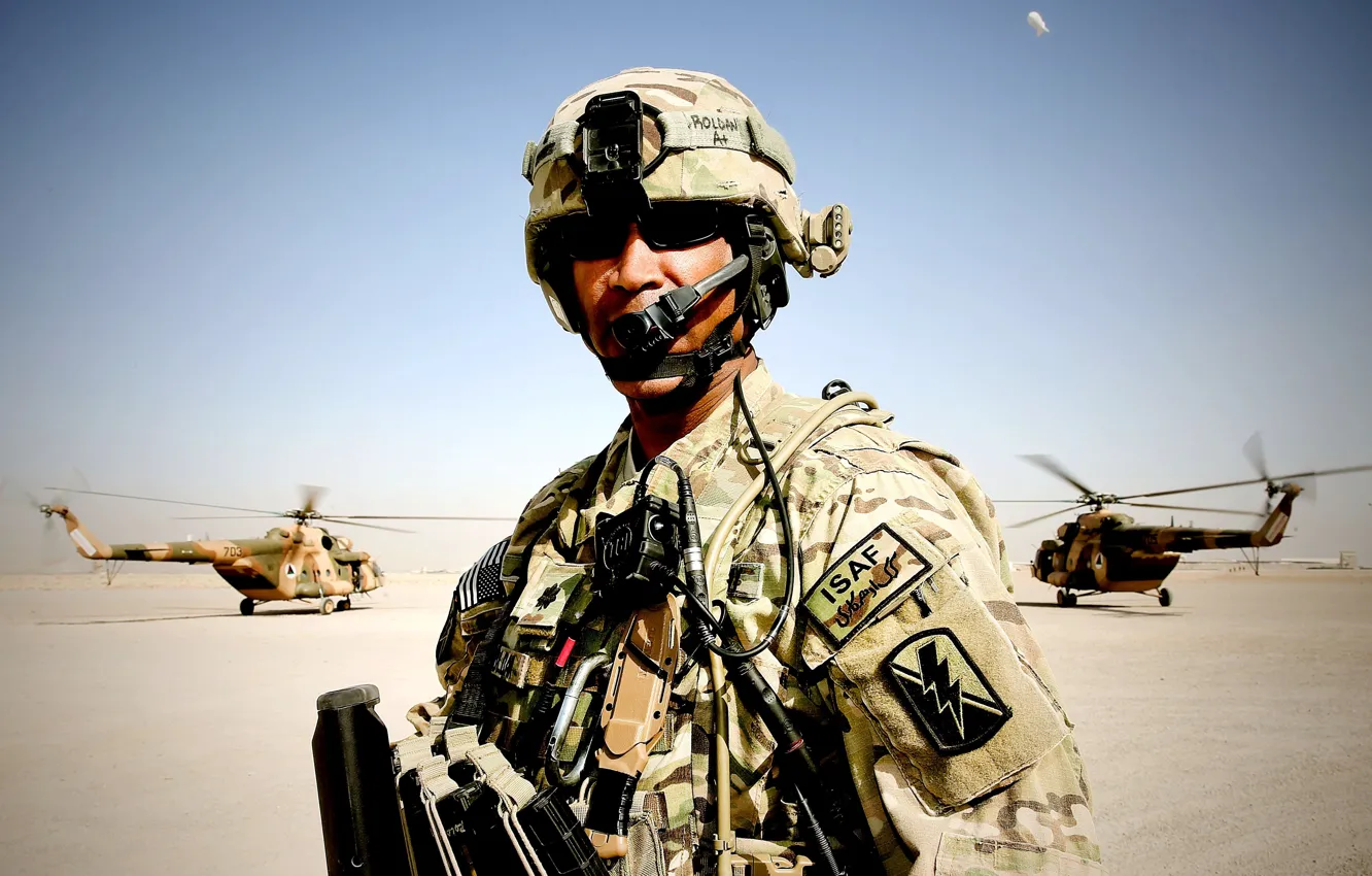 Photo wallpaper equipment, the airfield, Afghanistan, officer, helicopters, soldier