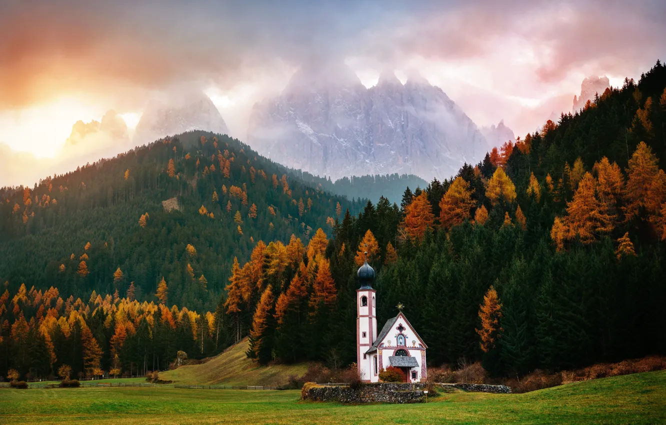 Photo wallpaper autumn, forest, mountains, Alps, Church