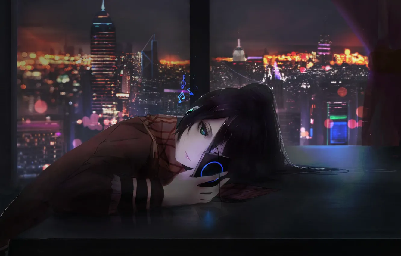 Photo wallpaper Girl, City, Art, Music, Night, Room, Window, Shigure