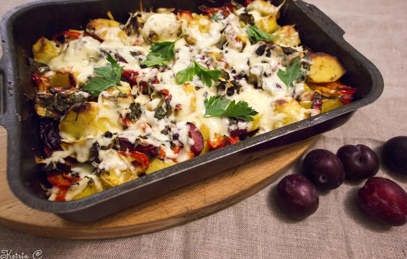 Photo wallpaper greens, food, cheese, pepper, fruit, vegetables, plum, parsley