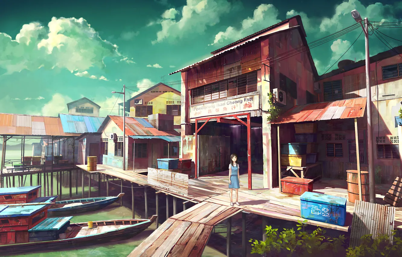 Photo wallpaper the sky, girl, clouds, the city, boat, home, anime, pier