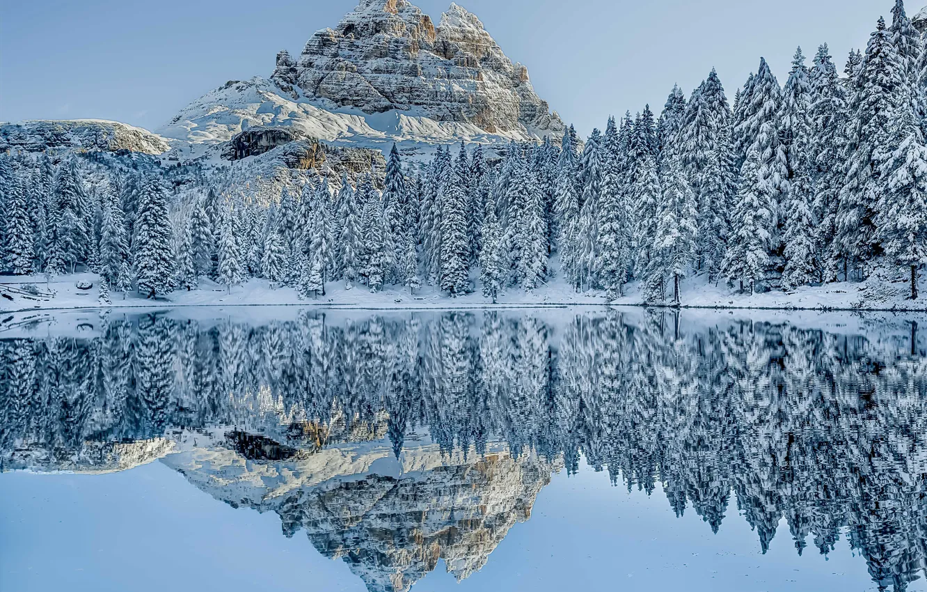Photo wallpaper winter, snow, trees, mountains, lake, reflection, mirror