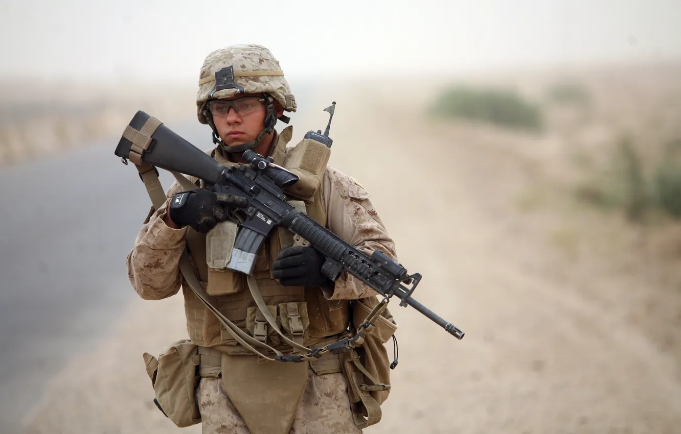 Photo wallpaper road, weapons, soldiers