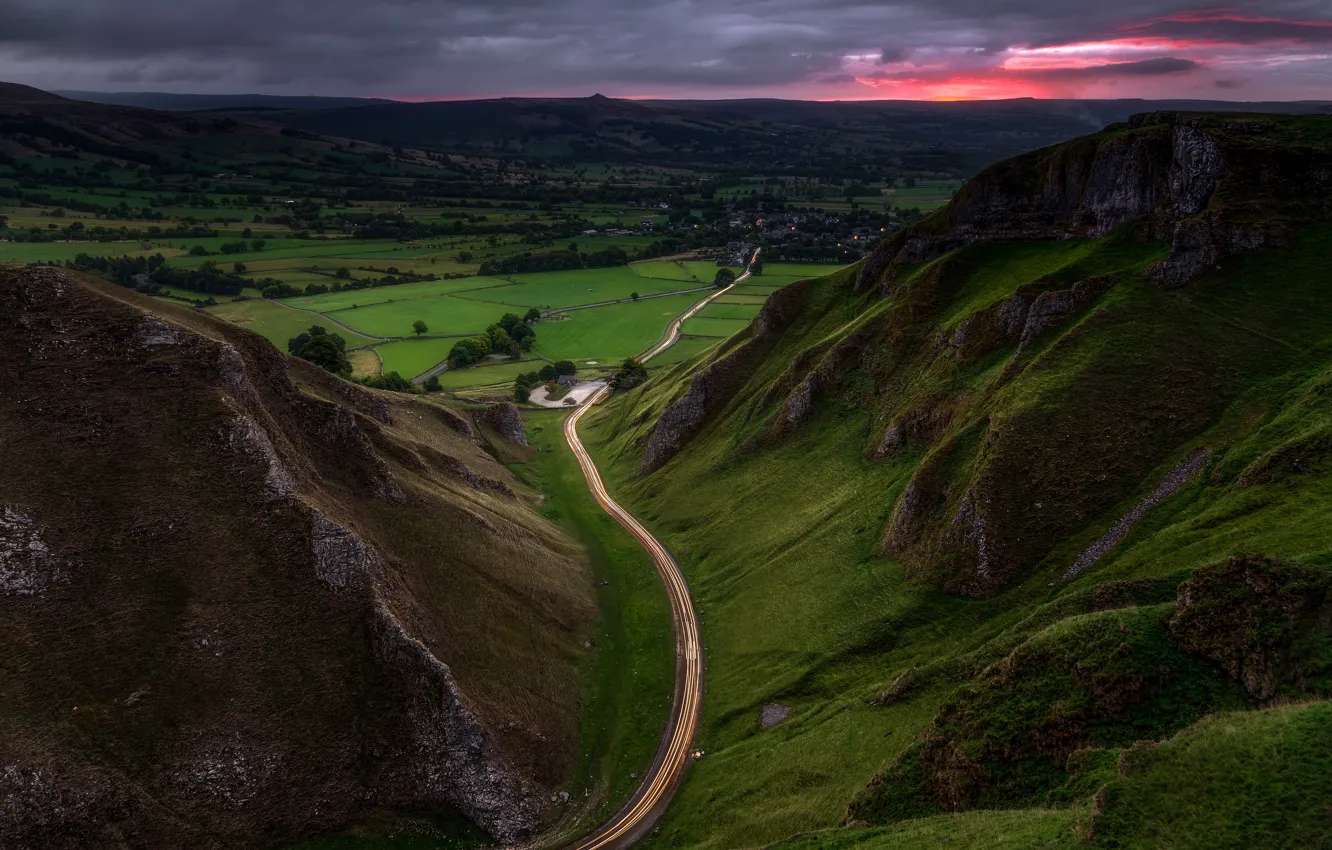 Photo wallpaper road, field, forest, summer, the sky, sunset, mountains, clouds