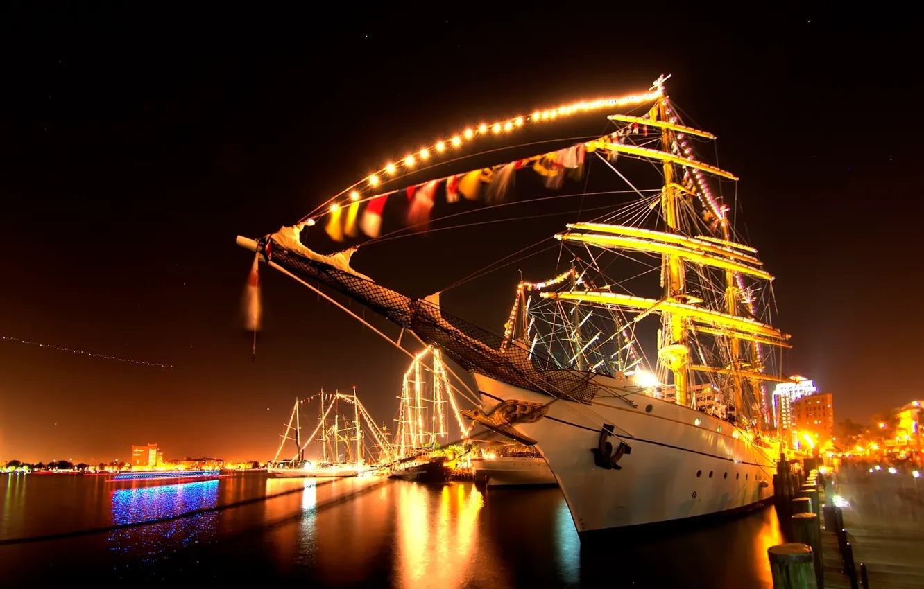 Photo wallpaper sea, lights, ship, the evening, pier, promenade