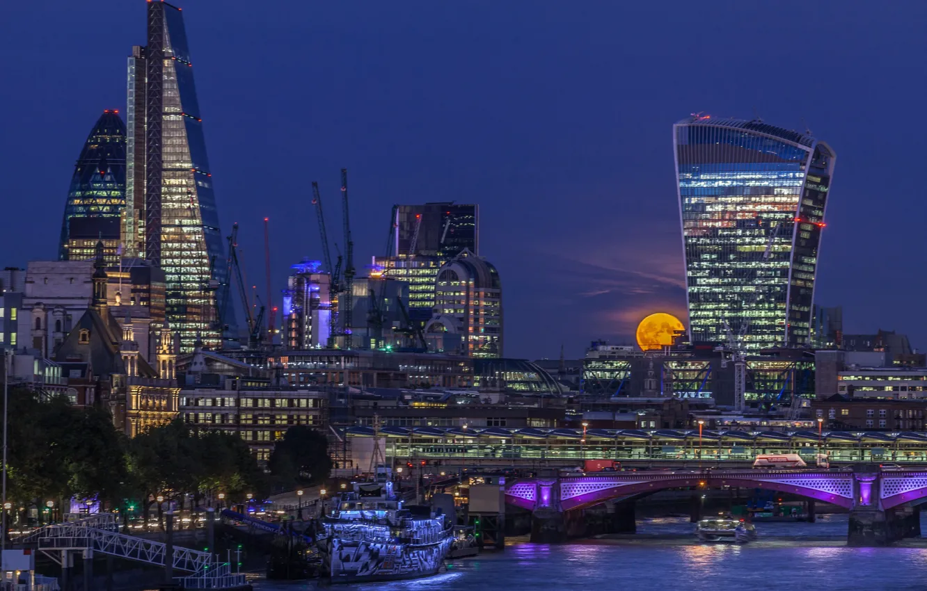 Photo wallpaper night, lights, England, London, tower, The moon