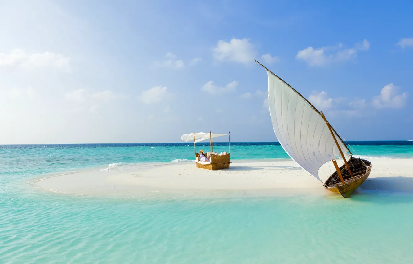 Photo wallpaper sand, sea, beach, tropics, boat, island, The Maldives, kravat