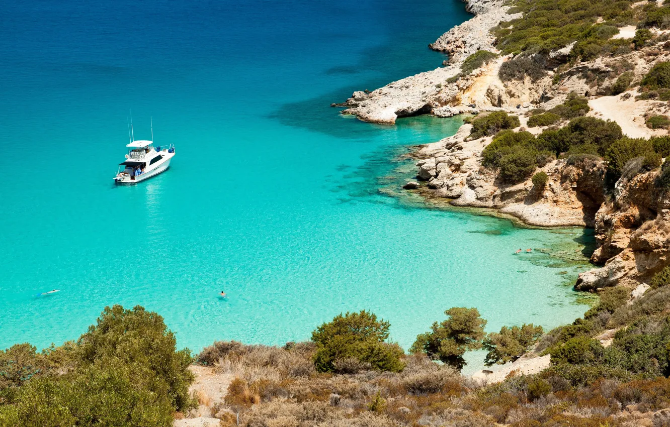 Photo wallpaper rocks, boat, shore, sea, sea, rocks, boat
