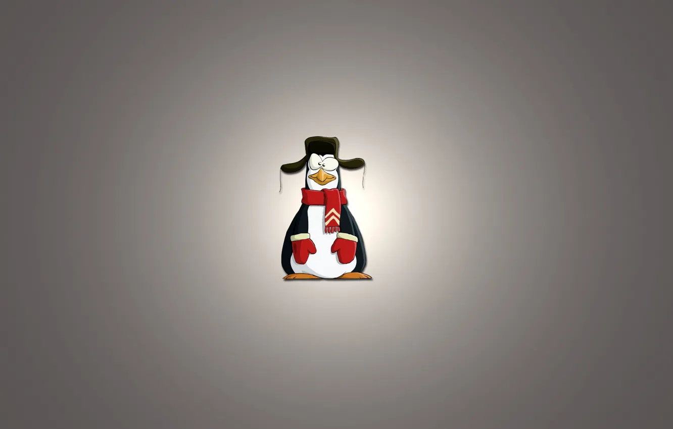 Photo wallpaper minimalism, scarf, penguin, light background, ushanka, uruski, penguin