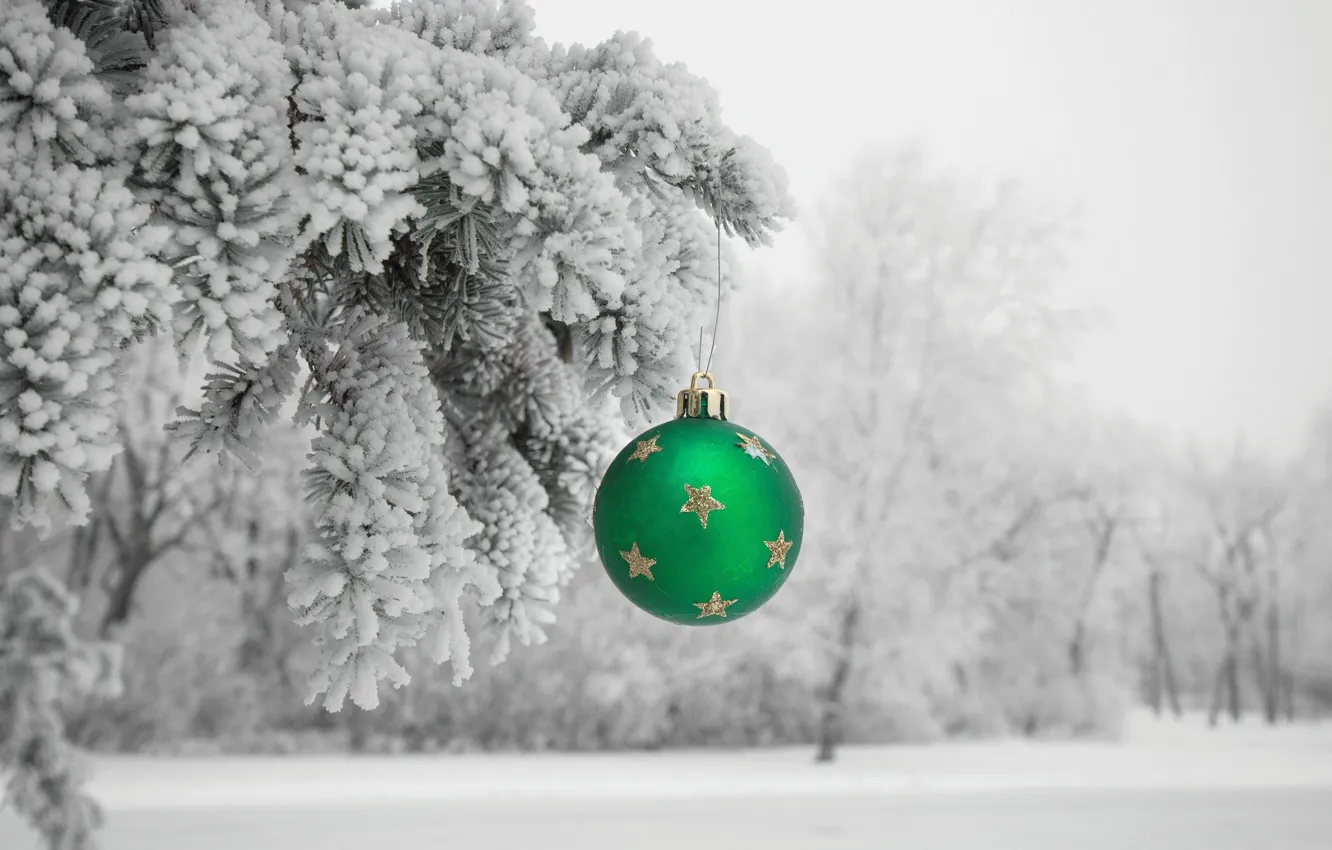 Photo wallpaper winter, frost, balls, snow, holiday, toy