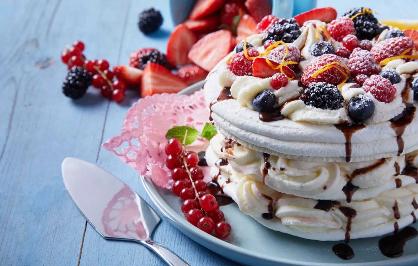 Photo wallpaper berries, raspberry, strawberry, cake, currants, BlackBerry, blueberries, meringue