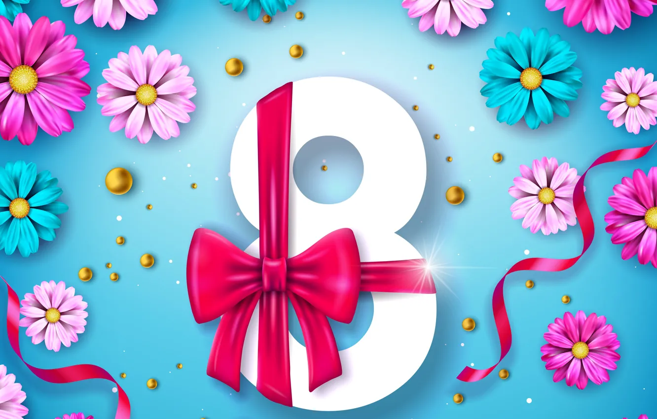 Photo wallpaper flowers, March 8, blue, pink, flowers, postcard, spring, celebration