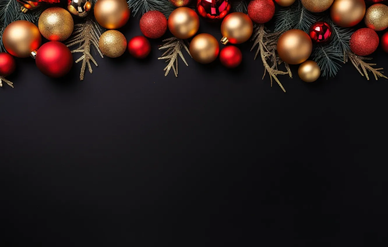 Photo wallpaper decoration, the dark background, balls, new year, Christmas, golden, black, Christmas