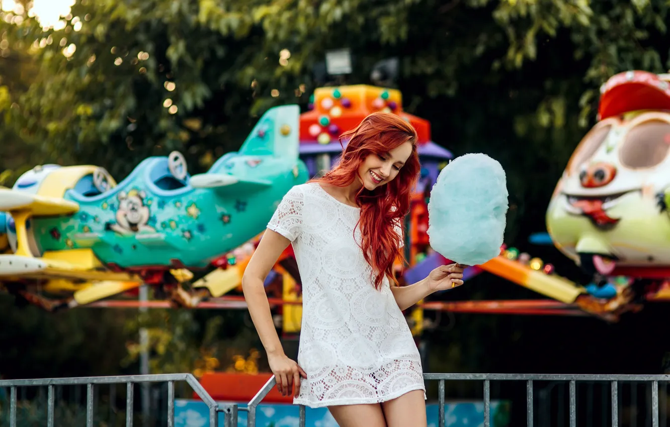Photo wallpaper dress, trees, model, women, redhead, smiling, white dress, Cotton Candy
