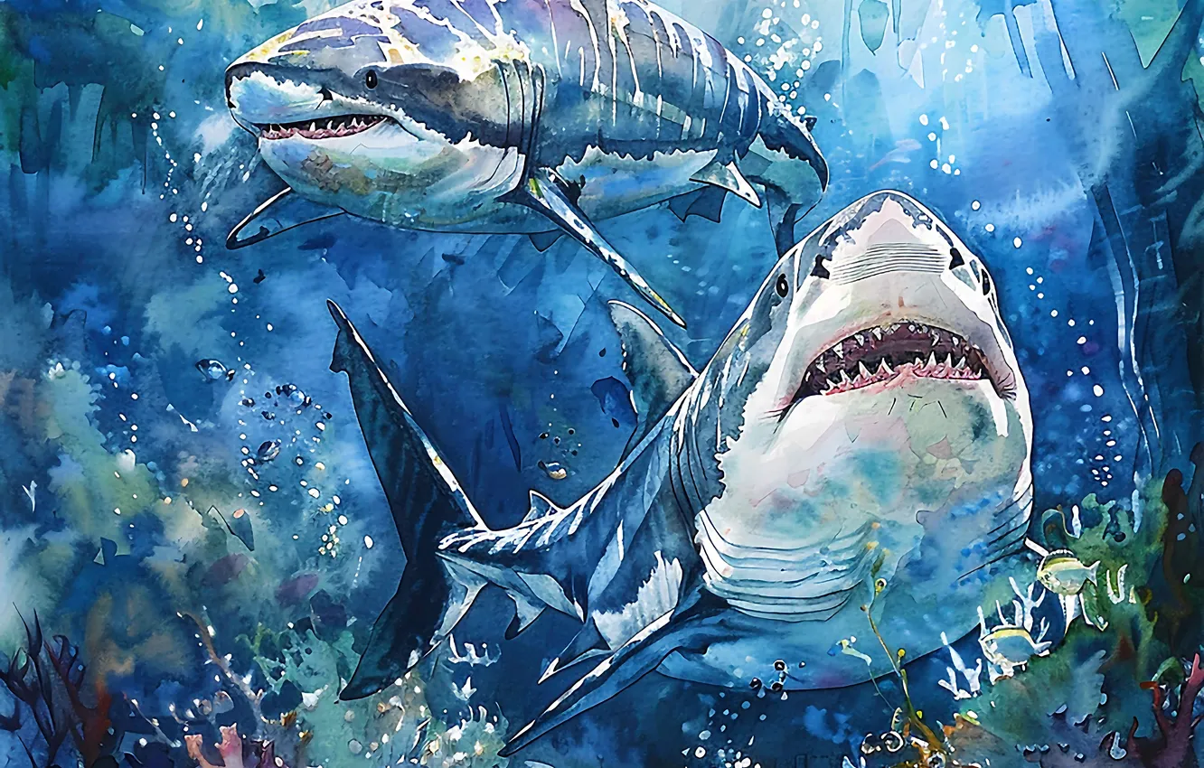 Photo wallpaper predator, shark, corals, two, underwater world, digital art, imitation painting, AI art
