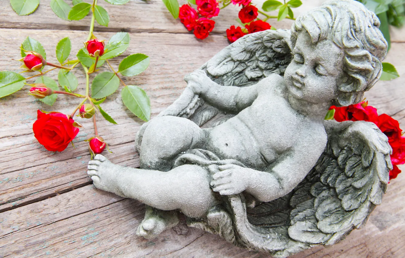 Photo wallpaper branches, table, roses, angel, figure, Cupid
