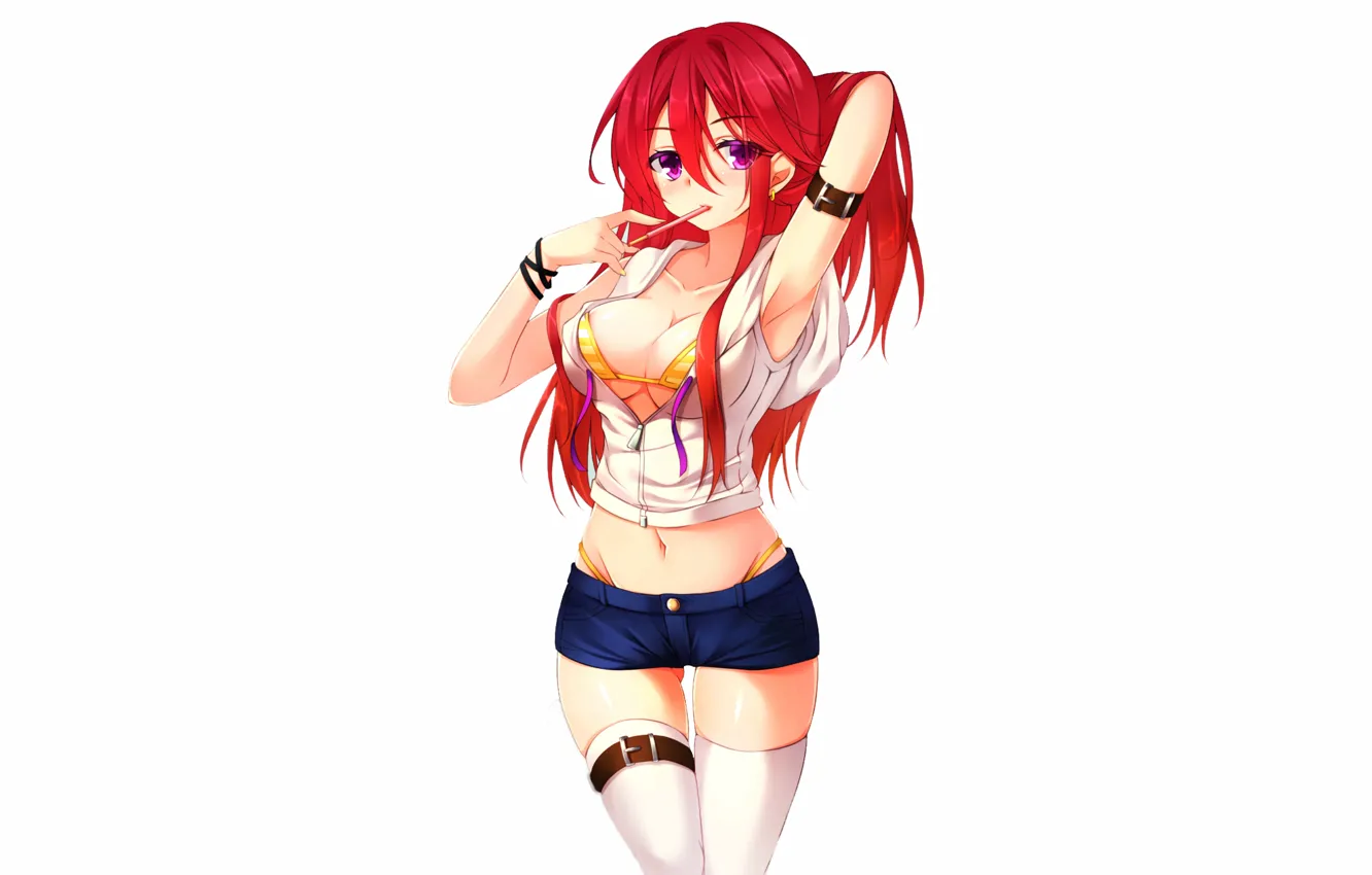 Photo wallpaper girl, sexy, cleavage, shorts, thighhighs, long hair, boobs, anime
