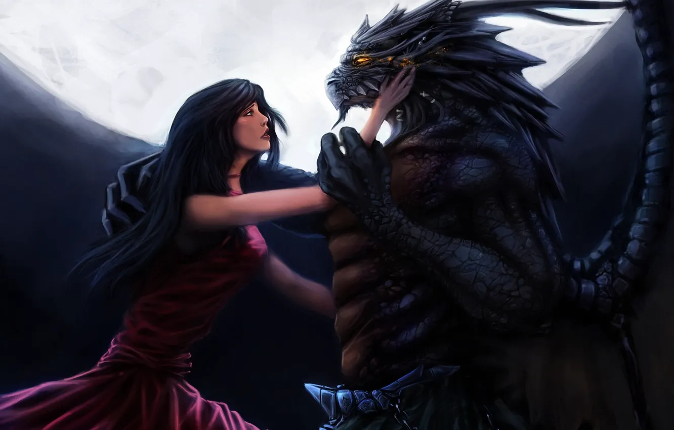 Photo wallpaper girl, love, night, the moon, monster, art, pair, monster