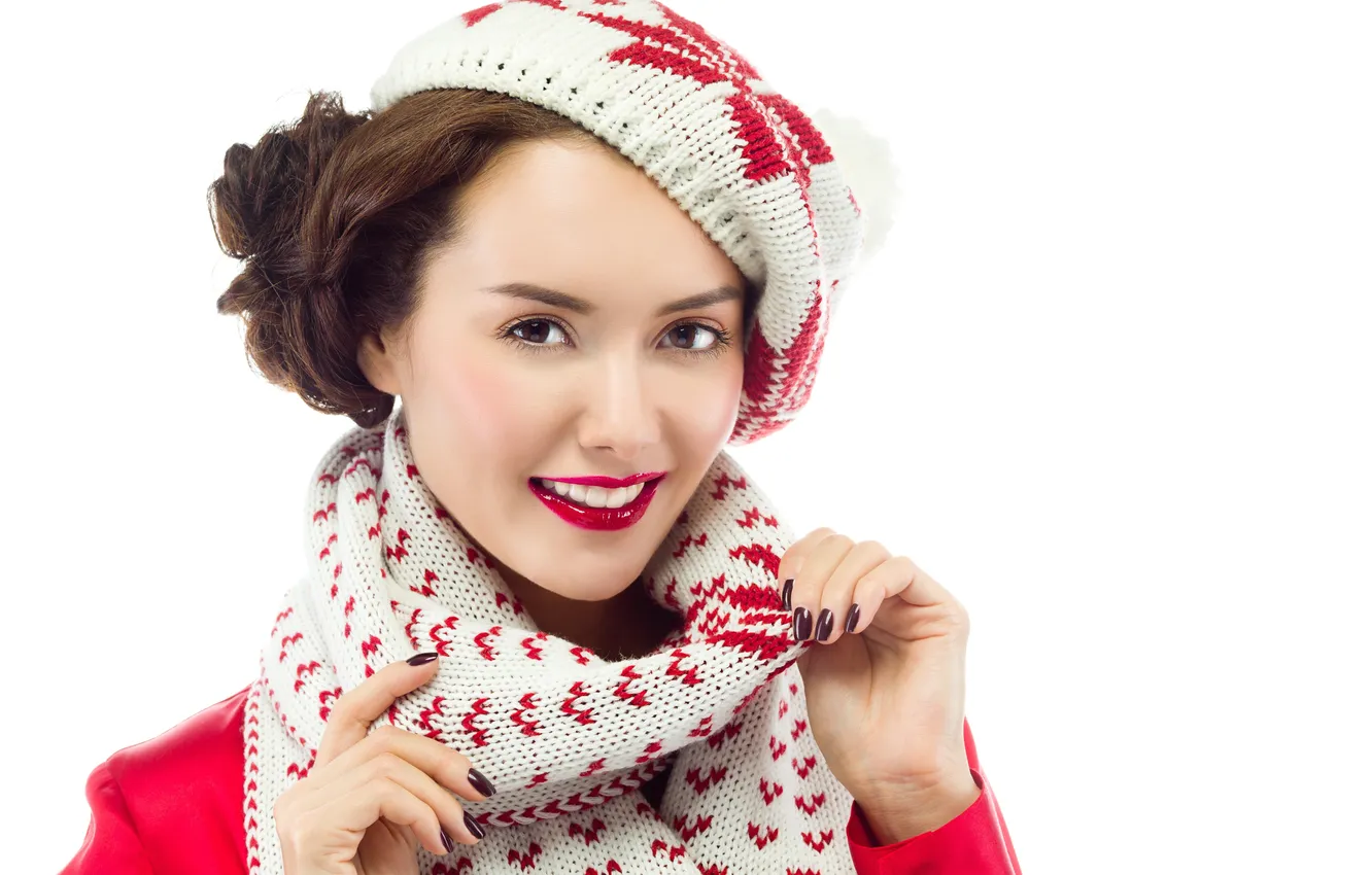 Photo wallpaper look, girl, smile, scarf, brown hair, cap, marigolds, brown-eyed