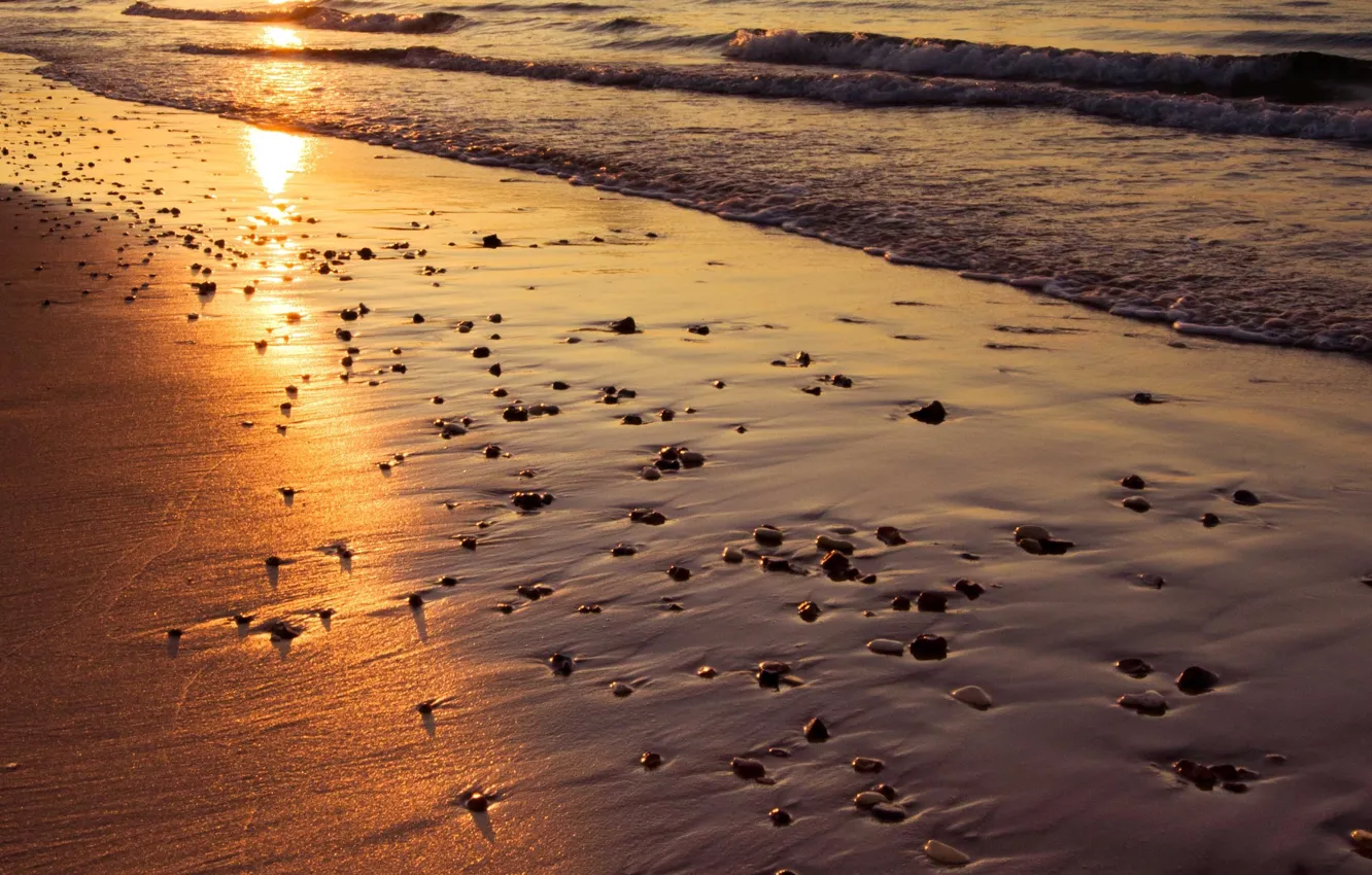 Photo wallpaper sand, sea, beach, the sun, sunset, reflection, wave, England