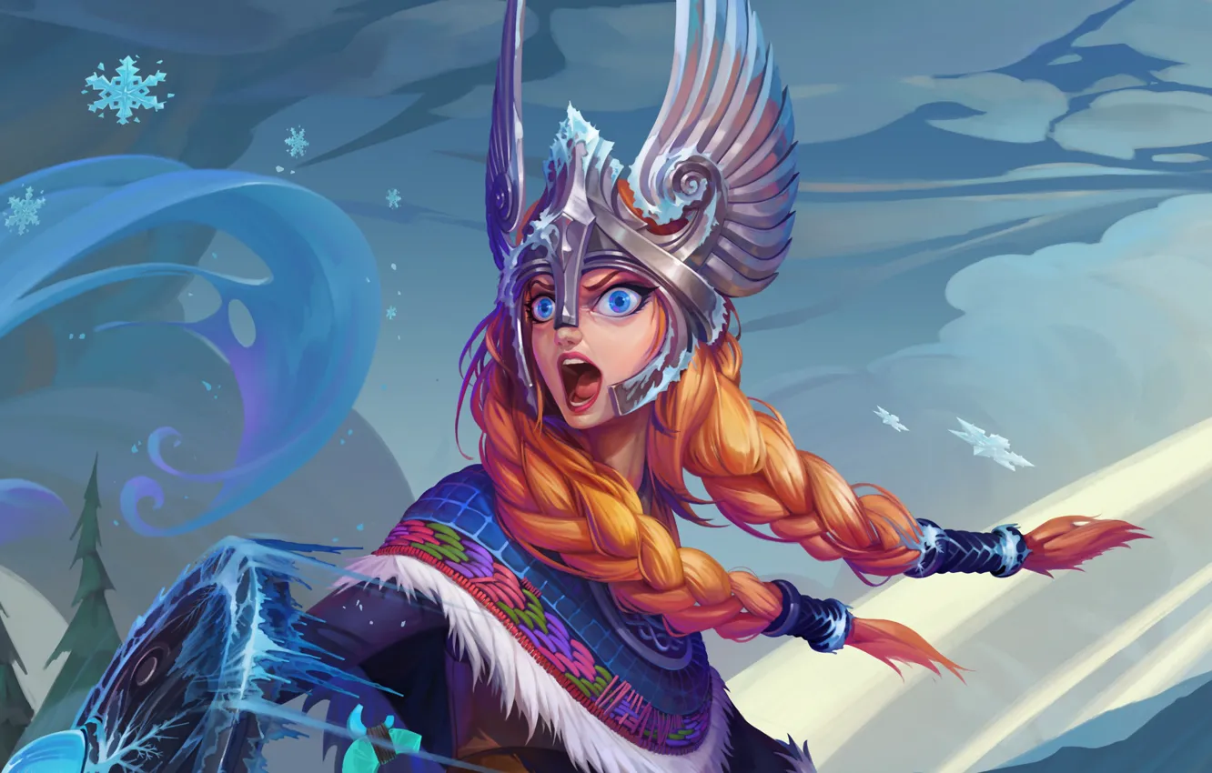 Photo wallpaper girl, warrior, helmet, red, art, Crystal Maiden, Dota 2, Valkyrie
