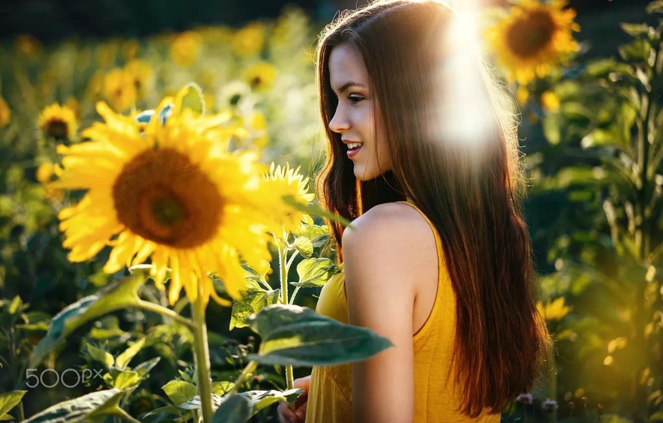 Photo wallpaper summer, girl, the sun, light, sunflowers, smile
