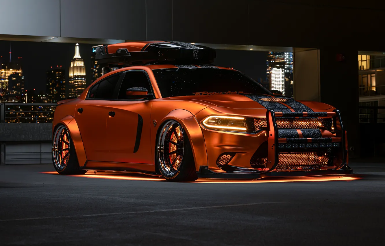 Photo wallpaper City, Dodge, Cars, Charger, Night, Neon, Dodge Charger, Tuning