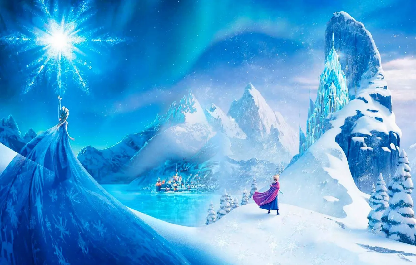 Photo wallpaper snow, mountains, the city, star, ice, Frozen, Princess, Anna