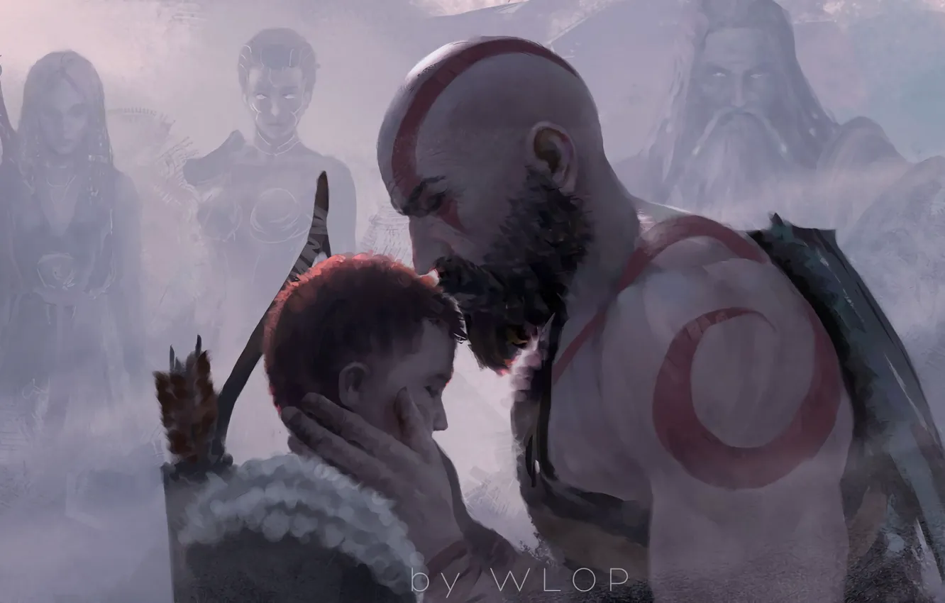 Photo wallpaper fantasy, game, Kratos, God of War, man, tattoo, weapons, digital art